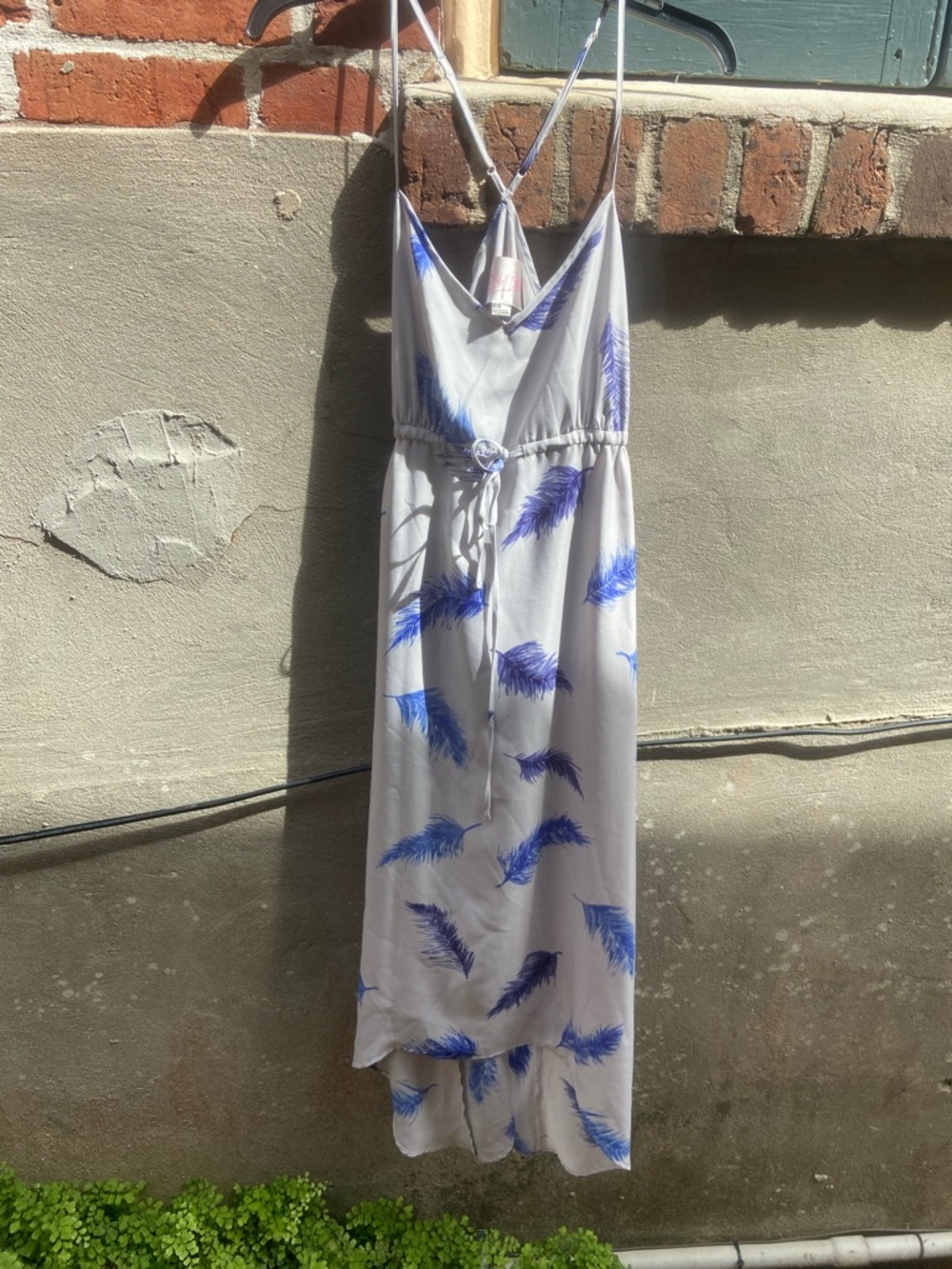 Light Grey Maxi Dress with Blue Feather Print